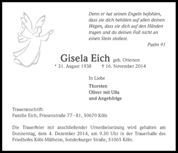 Anzeige von Gisela Eich von Kölner Stadt-Anzeiger / Kölnische Rundschau / Express