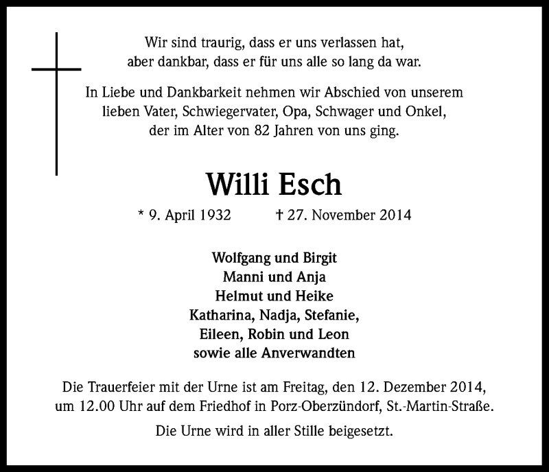  Traueranzeige für Willi Esch vom 06.12.2014 aus Kölner Stadt-Anzeiger / Kölnische Rundschau / Express