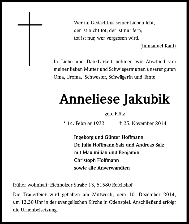  Traueranzeige für Anneliese Jakubik vom 06.12.2014 aus Kölner Stadt-Anzeiger / Kölnische Rundschau / Express