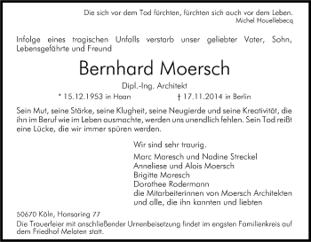 Anzeige von Bernhard Moersch von Kölner Stadt-Anzeiger / Kölnische Rundschau / Express