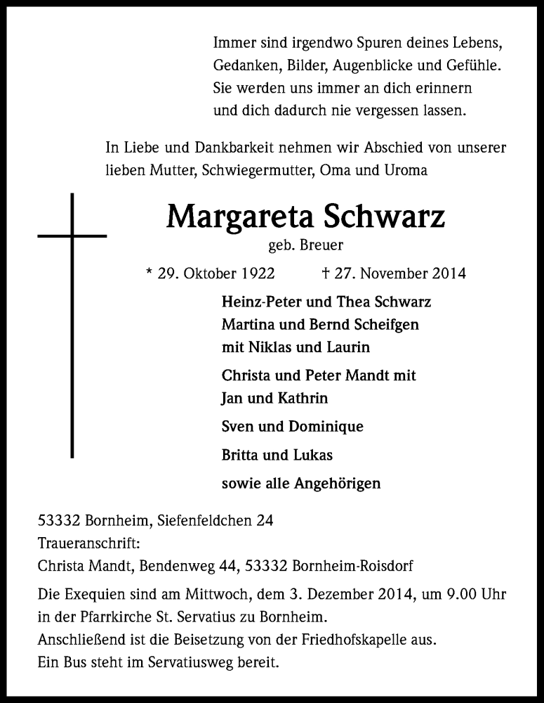  Traueranzeige für Margareta Schwarz vom 29.11.2014 aus Kölner Stadt-Anzeiger / Kölnische Rundschau / Express
