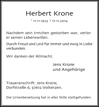 Anzeige von Herbert Krone von Kölner Stadt-Anzeiger / Kölnische Rundschau / Express