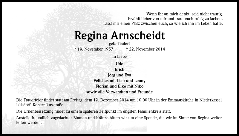  Traueranzeige für Regina Arnscheidt vom 06.12.2014 aus Kölner Stadt-Anzeiger / Kölnische Rundschau / Express