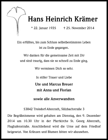 Anzeige von Hans Heinrich Krämer von Kölner Stadt-Anzeiger / Kölnische Rundschau / Express
