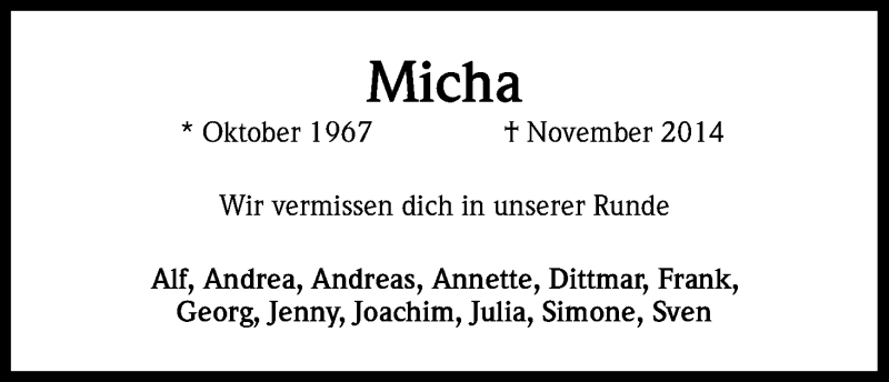  Traueranzeige für Michael Westermann vom 03.12.2014 aus Kölner Stadt-Anzeiger / Kölnische Rundschau / Express