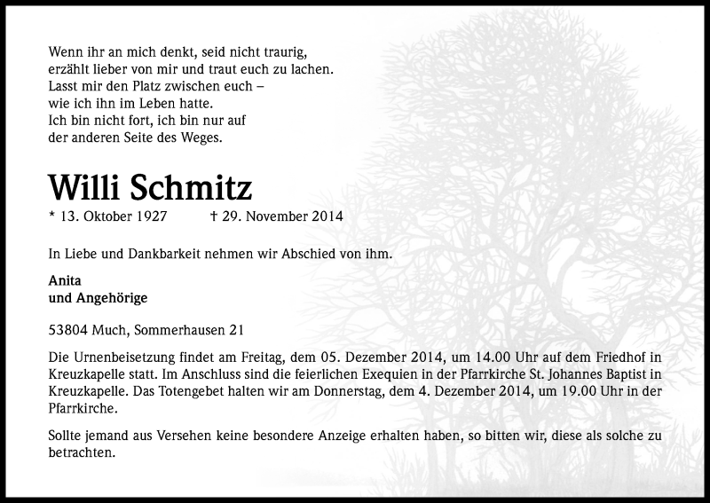  Traueranzeige für Willi Schmitz vom 02.12.2014 aus Kölner Stadt-Anzeiger / Kölnische Rundschau / Express