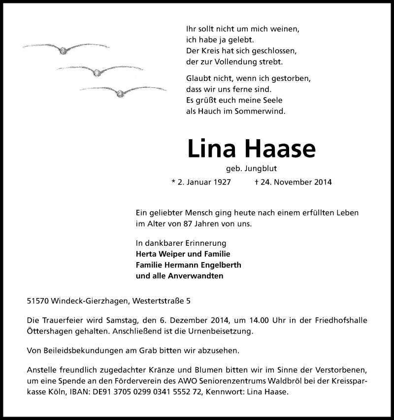  Traueranzeige für Lina Haase vom 02.12.2014 aus Kölner Stadt-Anzeiger / Kölnische Rundschau / Express