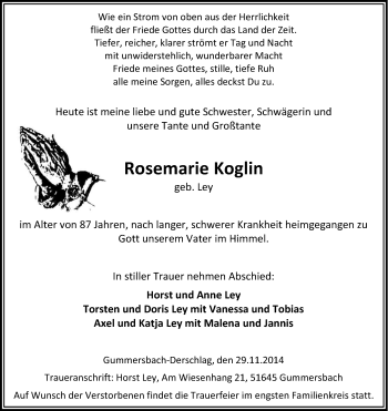 Anzeige von Rosemarie Koglin von Kölner Stadt-Anzeiger / Kölnische Rundschau / Express