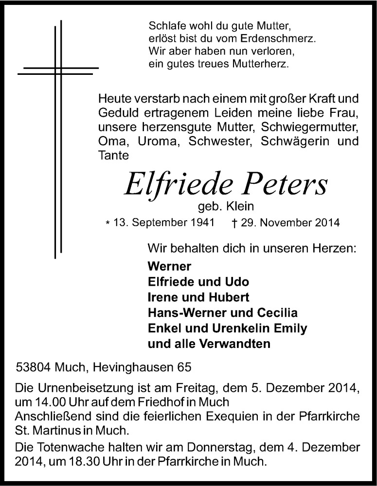  Traueranzeige für Elfriede Peters vom 02.12.2014 aus Kölner Stadt-Anzeiger / Kölnische Rundschau / Express