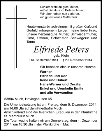 Anzeige von Elfriede Peters von Kölner Stadt-Anzeiger / Kölnische Rundschau / Express