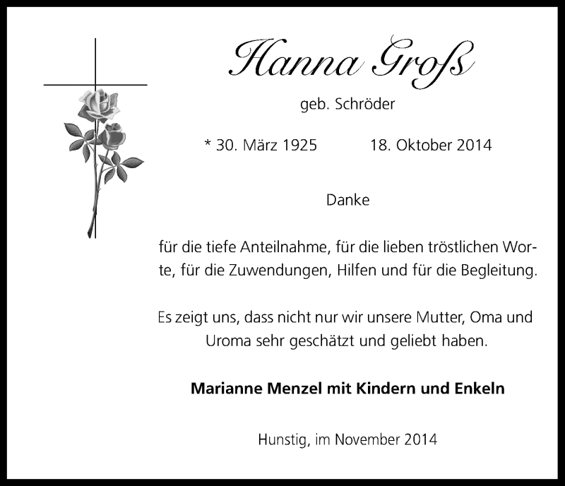  Traueranzeige für Hanna Groß vom 06.12.2014 aus Kölner Stadt-Anzeiger / Kölnische Rundschau / Express