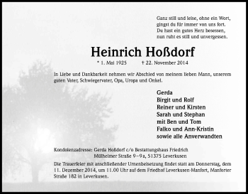 Anzeige von Heinrich Hoßdorf von Kölner Stadt-Anzeiger / Kölnische Rundschau / Express