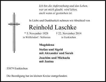 Anzeige von Reinhold Laschke von Kölner Stadt-Anzeiger / Kölnische Rundschau / Express