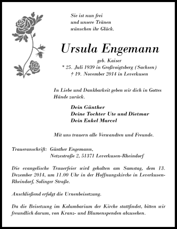 Anzeige von Ursula Engemann von Kölner Stadt-Anzeiger / Kölnische Rundschau / Express