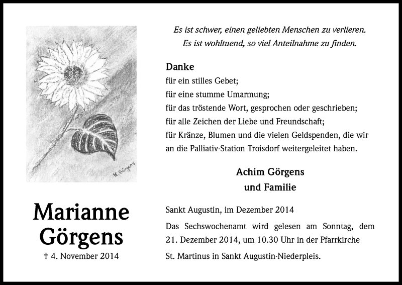  Traueranzeige für Marianne Görgens vom 05.12.2014 aus Kölner Stadt-Anzeiger / Kölnische Rundschau / Express