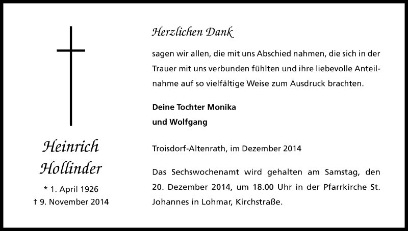  Traueranzeige für Heinrich Hollinder vom 06.12.2014 aus Kölner Stadt-Anzeiger / Kölnische Rundschau / Express
