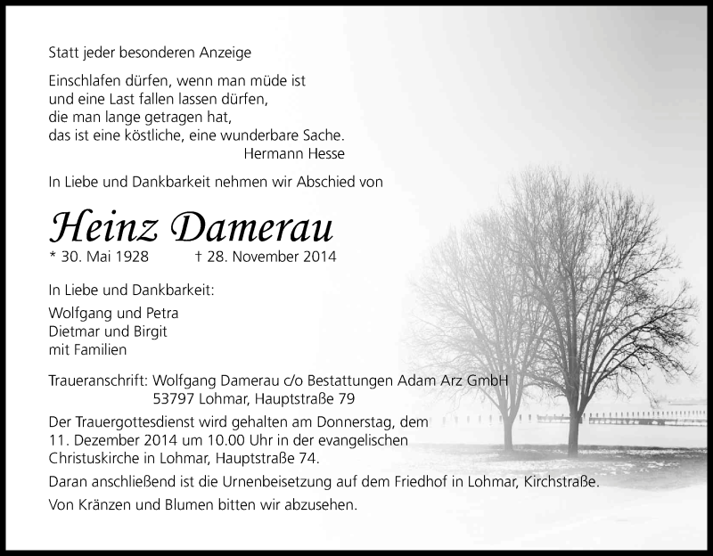  Traueranzeige für Heinz Damerau vom 06.12.2014 aus Kölner Stadt-Anzeiger / Kölnische Rundschau / Express