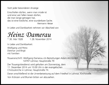Anzeige von Heinz Damerau von Kölner Stadt-Anzeiger / Kölnische Rundschau / Express