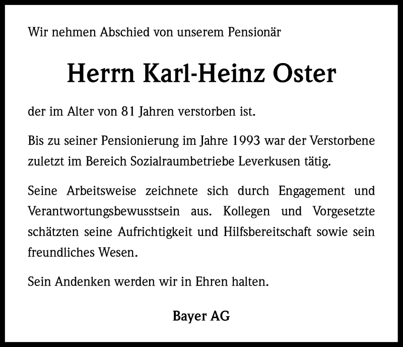  Traueranzeige für Karl-Heinz Oster vom 04.12.2014 aus Kölner Stadt-Anzeiger / Kölnische Rundschau / Express