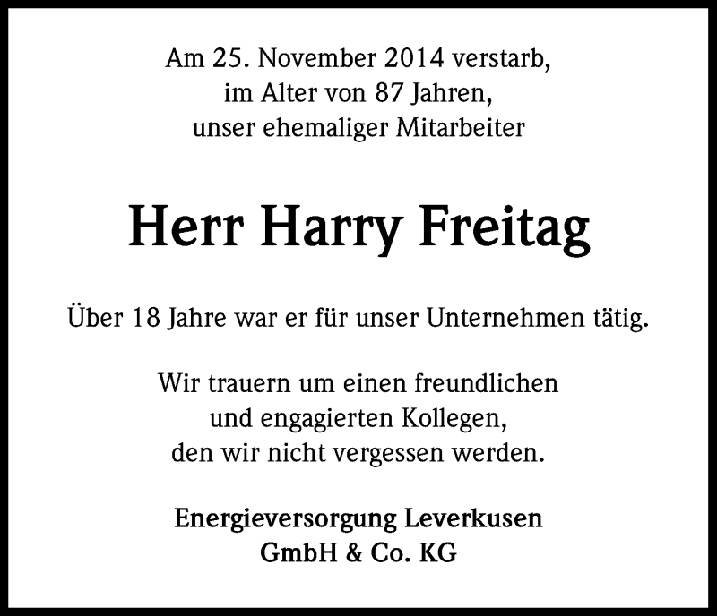  Traueranzeige für Harry Freitag vom 03.12.2014 aus Kölner Stadt-Anzeiger / Kölnische Rundschau / Express