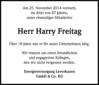 Anzeige von Harry Freitag von Kölner Stadt-Anzeiger / Kölnische Rundschau / Express