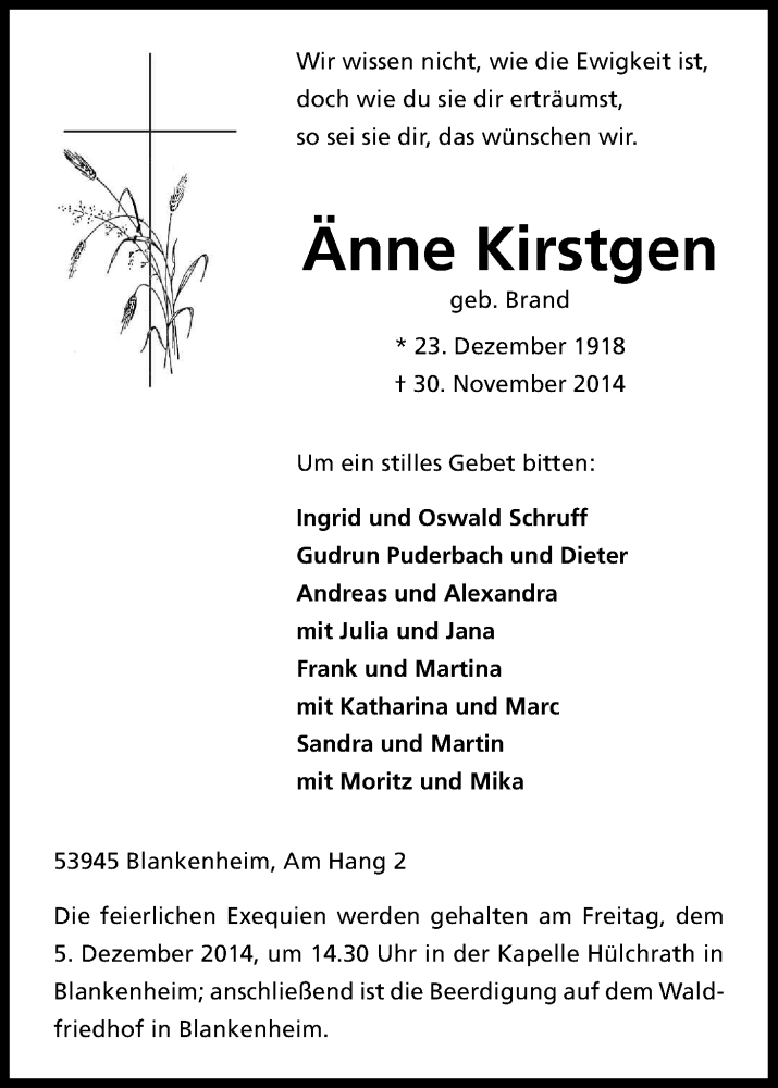  Traueranzeige für Änne Kirstgen vom 02.12.2014 aus Kölner Stadt-Anzeiger / Kölnische Rundschau / Express
