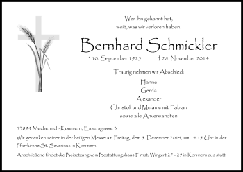 Anzeige von Bernhard Schmickler von Kölner Stadt-Anzeiger / Kölnische Rundschau / Express