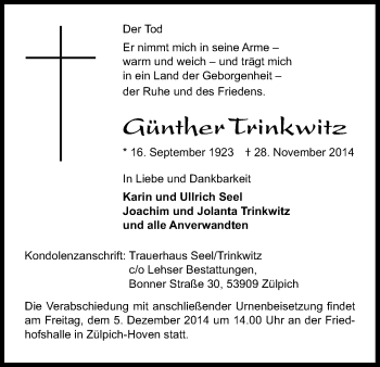Anzeige von Günther Trinkwitz von Kölner Stadt-Anzeiger / Kölnische Rundschau / Express