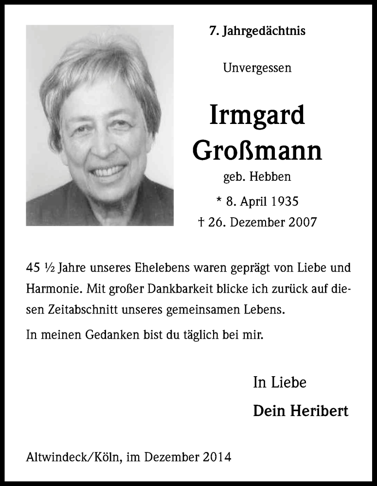  Traueranzeige für Irmgard Großmann vom 27.12.2014 aus Kölner Stadt-Anzeiger / Kölnische Rundschau / Express