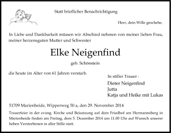 Anzeige von Elke Neigenfind von Kölner Stadt-Anzeiger / Kölnische Rundschau / Express