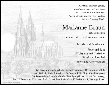 Anzeige von Marianne Braun von Kölner Stadt-Anzeiger / Kölnische Rundschau / Express