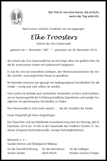 Anzeige von Elke Troosters von Kölner Stadt-Anzeiger / Kölnische Rundschau / Express