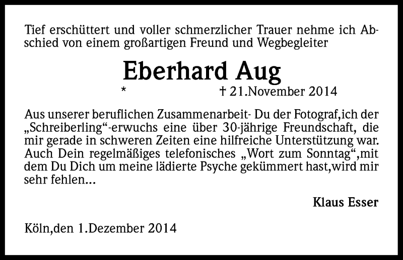 Traueranzeige für Eberhard Aug vom 03.12.2014 aus Kölner Stadt-Anzeiger / Kölnische Rundschau / Express