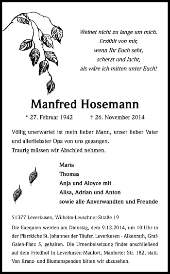 Anzeige von Manfred Hosemann von Kölner Stadt-Anzeiger / Kölnische Rundschau / Express