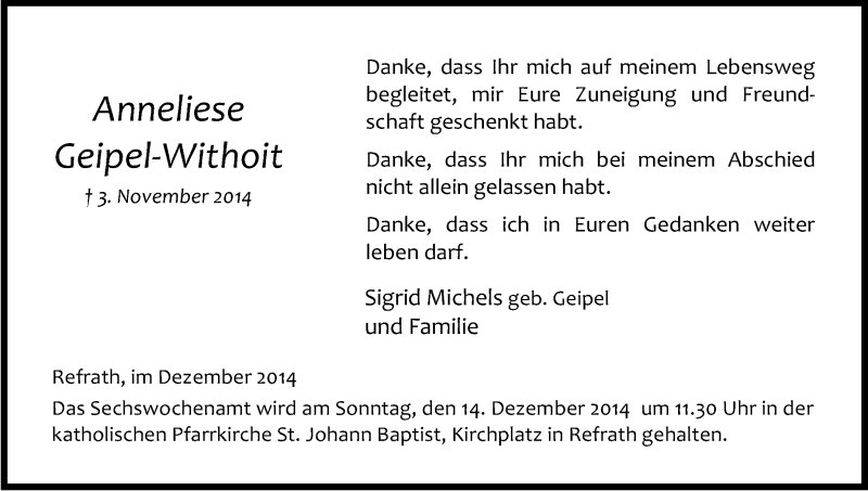  Traueranzeige für Anneliese Geipel-Withoit vom 06.12.2014 aus Kölner Stadt-Anzeiger / Kölnische Rundschau / Express