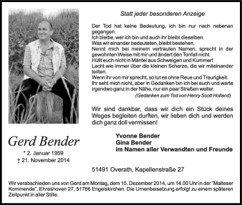 Anzeige von Gerd Bender von Kölner Stadt-Anzeiger / Kölnische Rundschau / Express