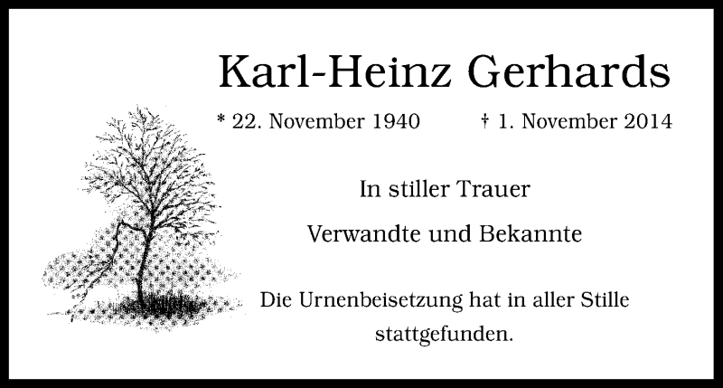  Traueranzeige für Karl-Heinz Gerhards vom 06.12.2014 aus Kölner Stadt-Anzeiger / Kölnische Rundschau / Express