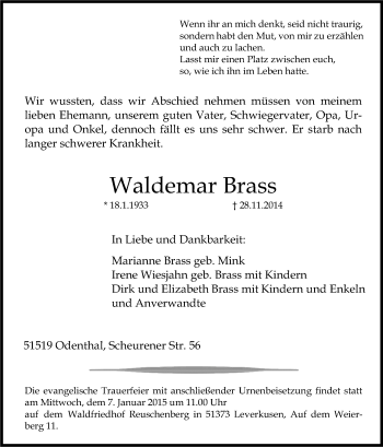 Anzeige von Waldemar Brass von Kölner Stadt-Anzeiger / Kölnische Rundschau / Express
