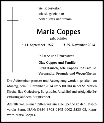Anzeige von Maria Coppes von Kölner Stadt-Anzeiger / Kölnische Rundschau / Express