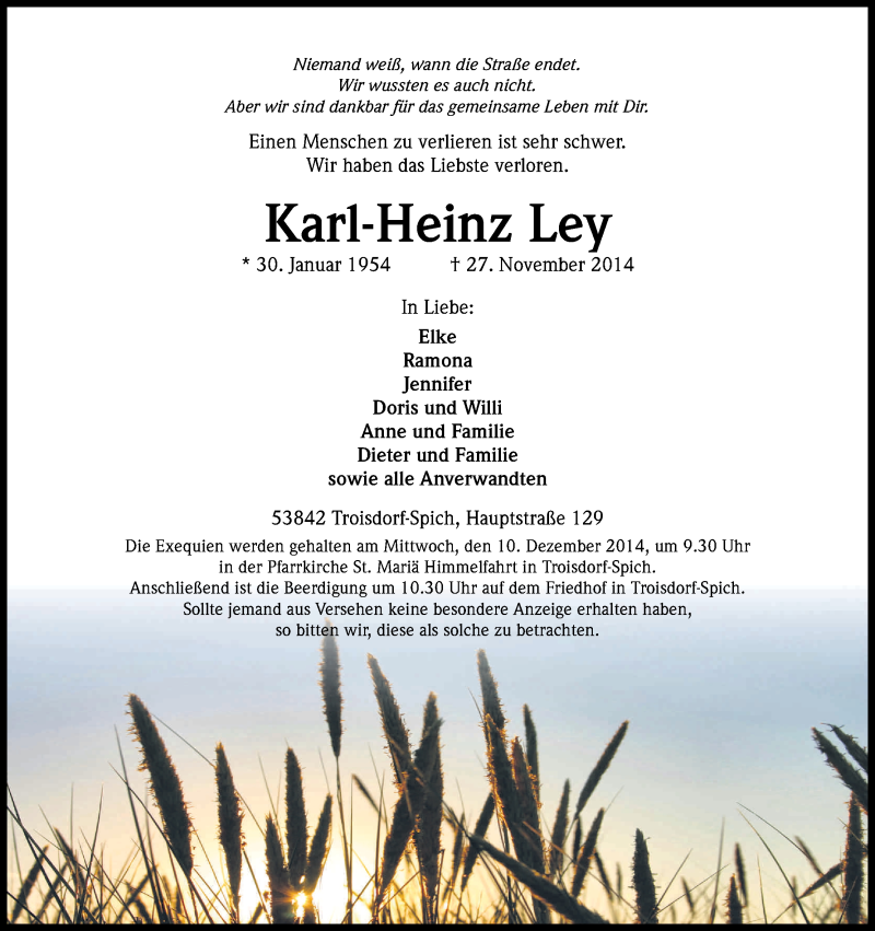  Traueranzeige für Karl-Heinz Ley vom 06.12.2014 aus Kölner Stadt-Anzeiger / Kölnische Rundschau / Express