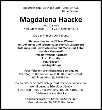 Anzeige von Magdalena Haacke von Kölner Stadt-Anzeiger / Kölnische Rundschau / Express