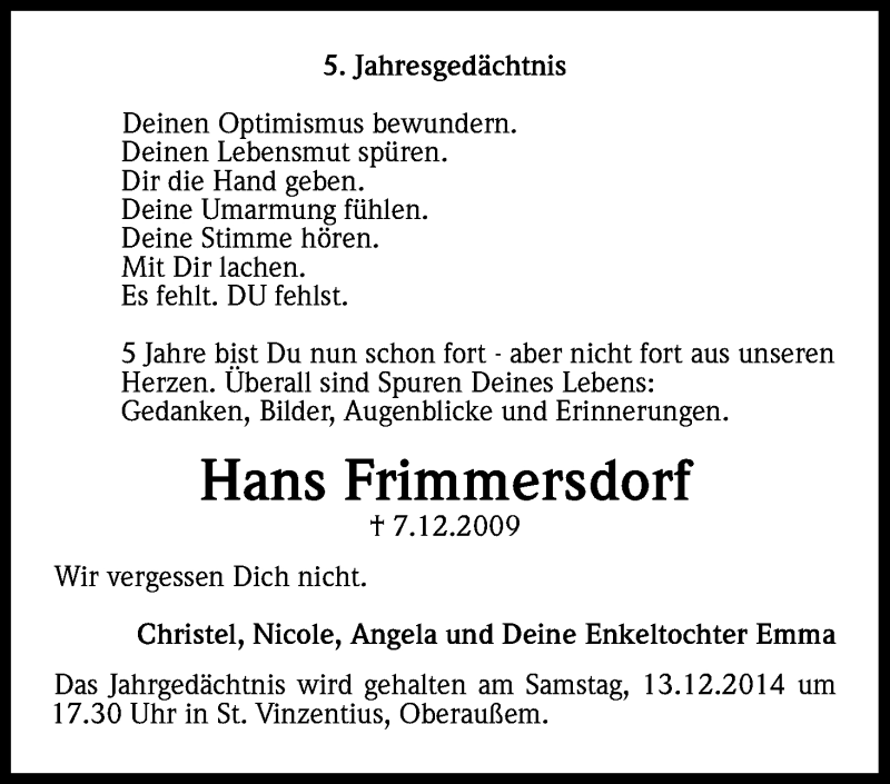  Traueranzeige für Hans Frimmersdorf vom 06.12.2014 aus Kölner Stadt-Anzeiger / Kölnische Rundschau / Express