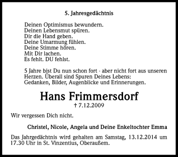 Anzeige von Hans Frimmersdorf von Kölner Stadt-Anzeiger / Kölnische Rundschau / Express