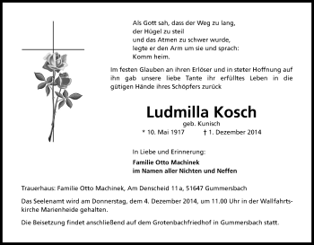 Anzeige von Ludmilla Kosch von Kölner Stadt-Anzeiger / Kölnische Rundschau / Express