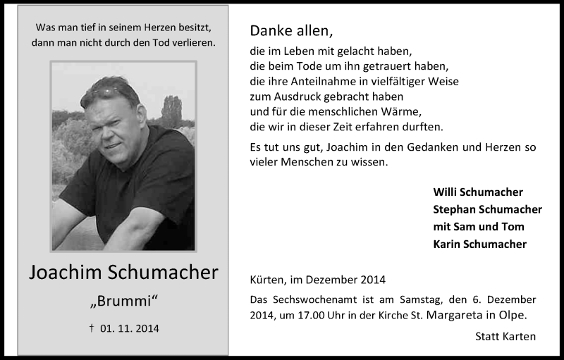 Traueranzeige für Joachim Schumacher vom 03.12.2014 aus Kölner Stadt-Anzeiger / Kölnische Rundschau / Express