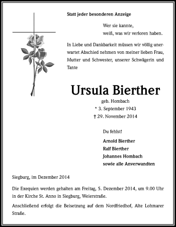 Anzeige von Ursula Bierther von Kölner Stadt-Anzeiger / Kölnische Rundschau / Express