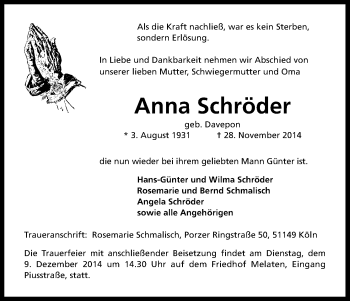 Anzeige von Anna Schröder von Kölner Stadt-Anzeiger / Kölnische Rundschau / Express