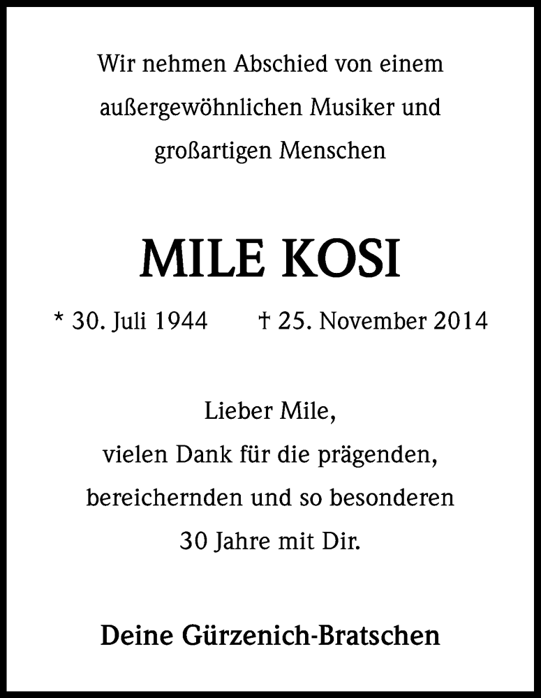  Traueranzeige für Mile Kosi vom 06.12.2014 aus Kölner Stadt-Anzeiger / Kölnische Rundschau / Express