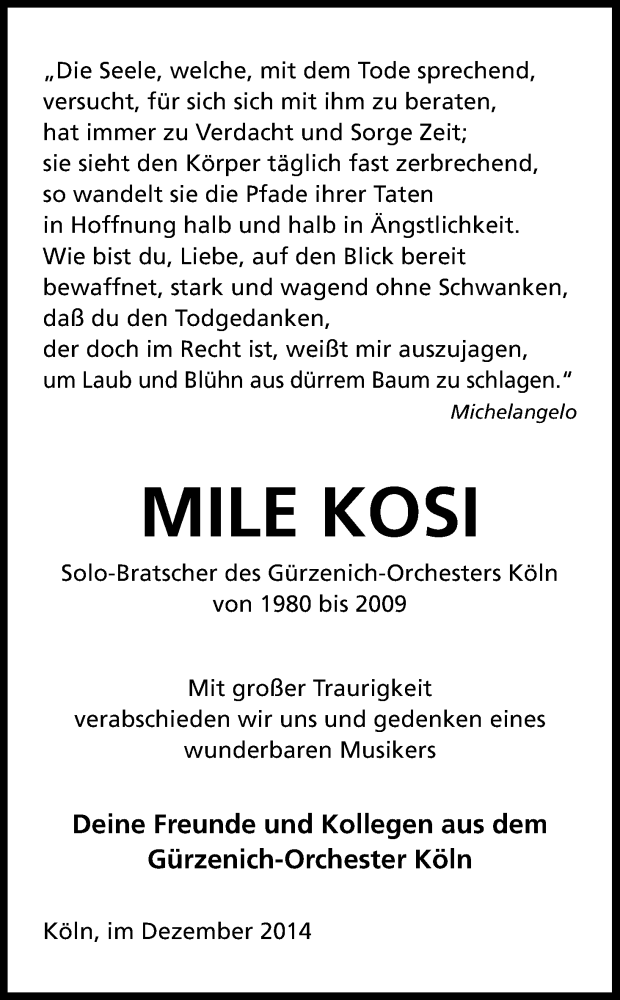  Traueranzeige für Mile Kosi vom 06.12.2014 aus Kölner Stadt-Anzeiger / Kölnische Rundschau / Express