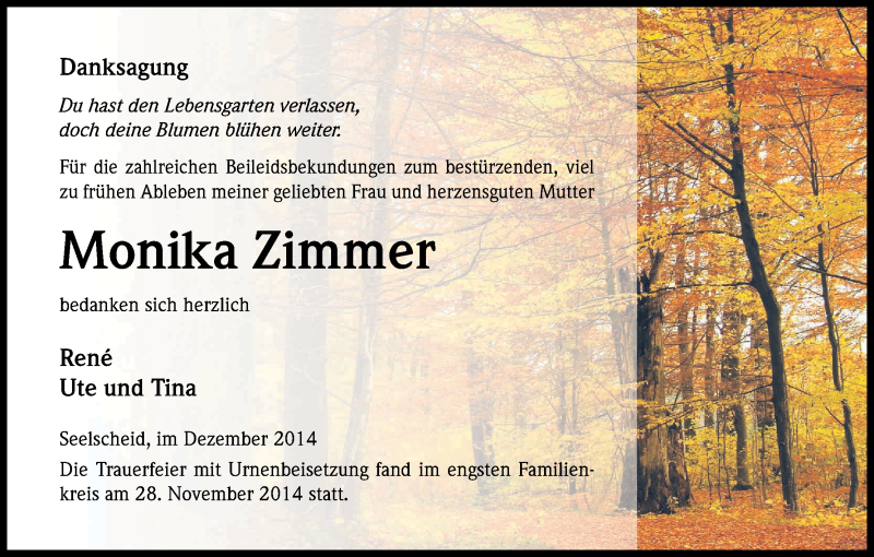  Traueranzeige für Monika Zimmer vom 06.12.2014 aus Kölner Stadt-Anzeiger / Kölnische Rundschau / Express